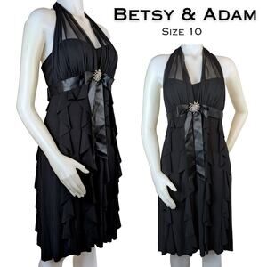 Betsy & Adam Linda Bernell Halter Dress Gown 10 Black Ruffle Tiered Cocktail